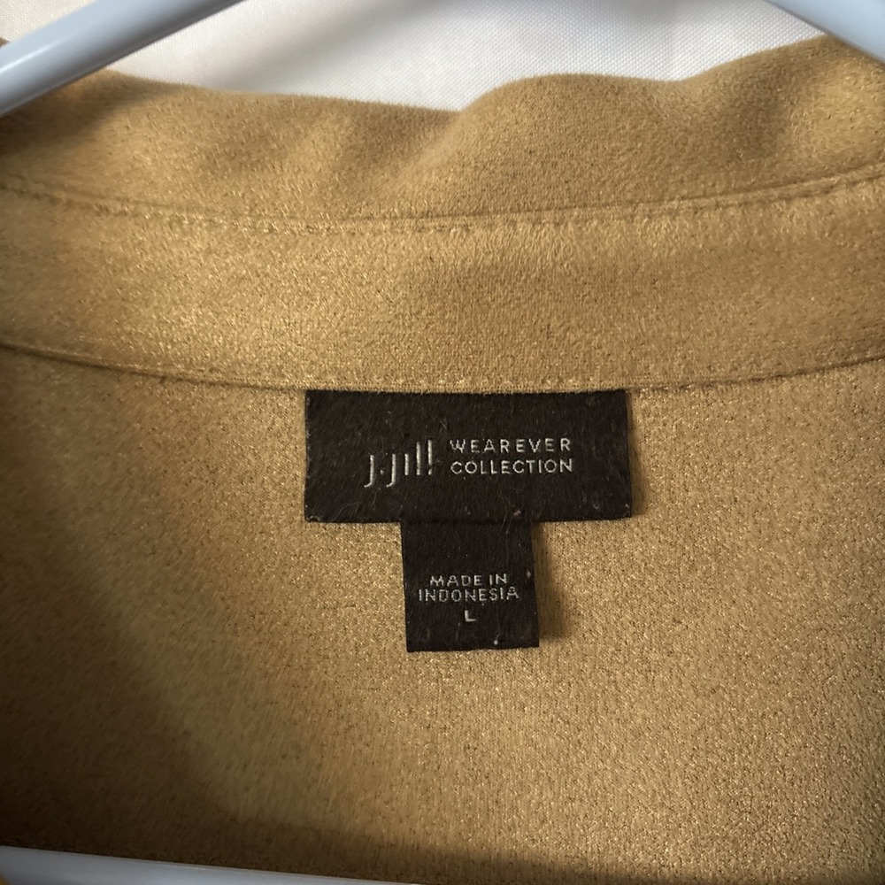 J Jill Women's Faux Suede Super Soft Stretch Shirt Shacket Tan Button Up L - Picture 2 of 8